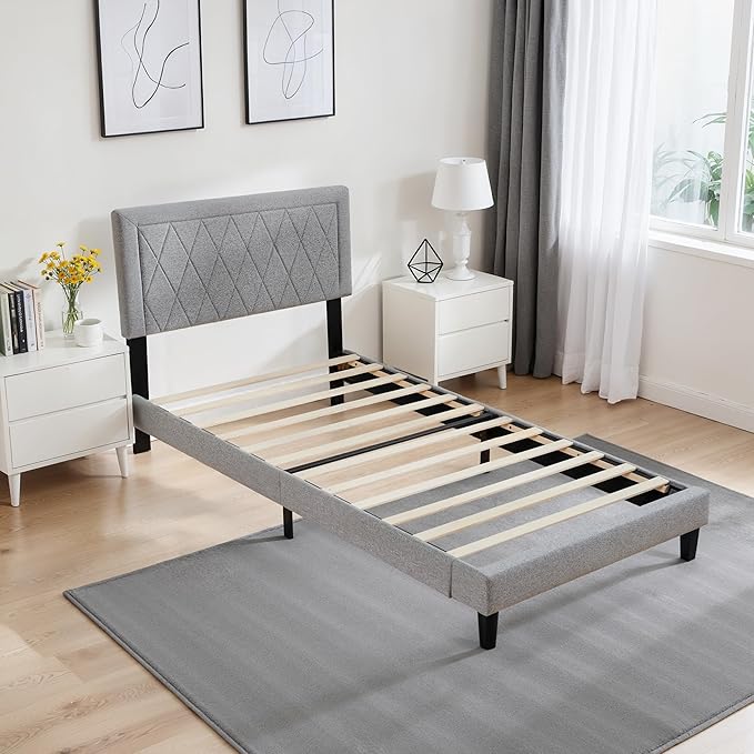 Hokway Bed Frame Upholstered Platform Bed with Headboard Wooden Slat Support No Box Spring Needed(Twin, Light Gray)