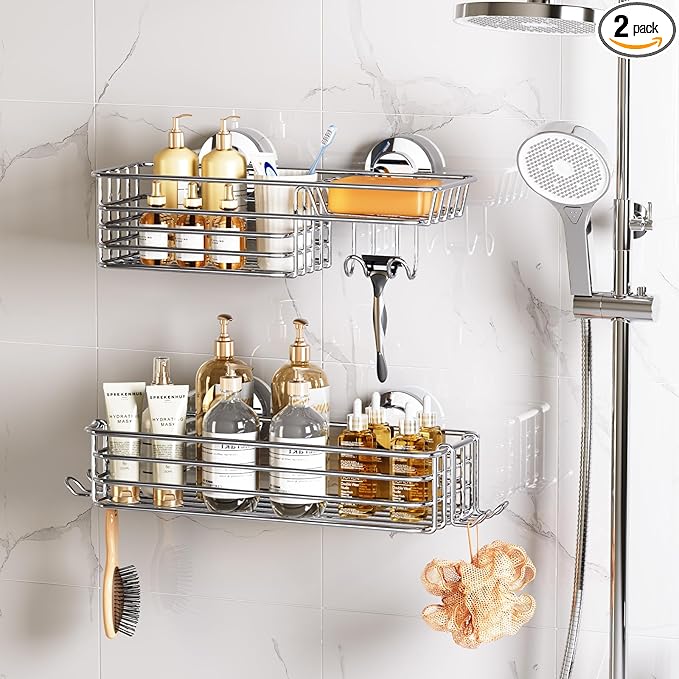 LEVERLOC Shower Caddy Suction Cup, 2 Pack Heavy Duty Bathroom Organizer for Inside Shower with Hooks & Soap Holder, Removable and Rustproof Silver Bathroom Holder Storage