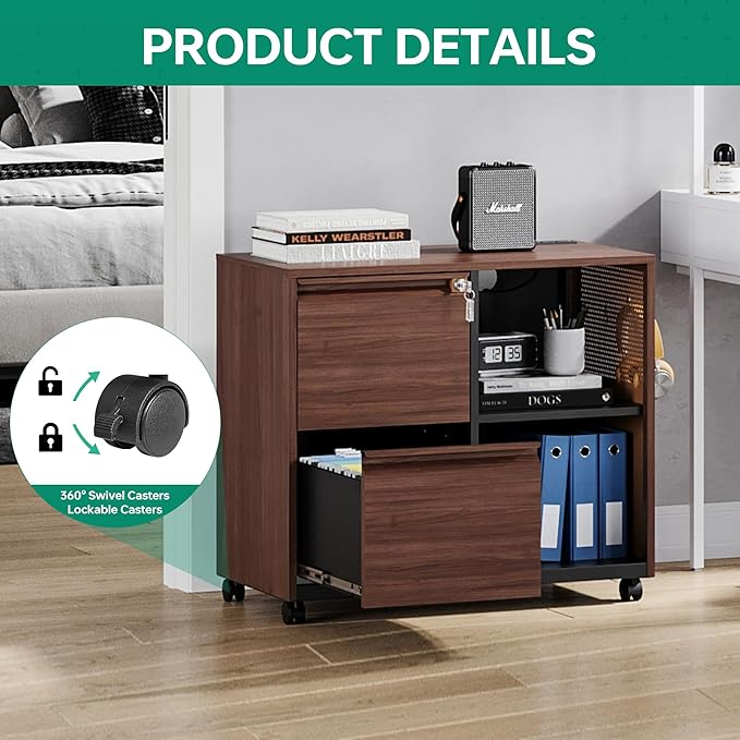 Letaya Mobile 2 Drawer File Cabinet with Lock, Metal Lateral Printer Stand Filing Storage Cabinets with Shelves for Home Office-A4/F4/Letter (Charging Socket)