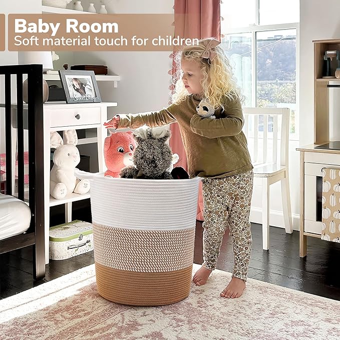 INDRESSME Large Rope Basket - Tall Laundry Basket Hamper for Dirty Clothes Woven Jute Storage Baskets for Blanket in Living Room Toy Baskets for Nursery Storage, 17¾ x 15¾ x 13¾ inches