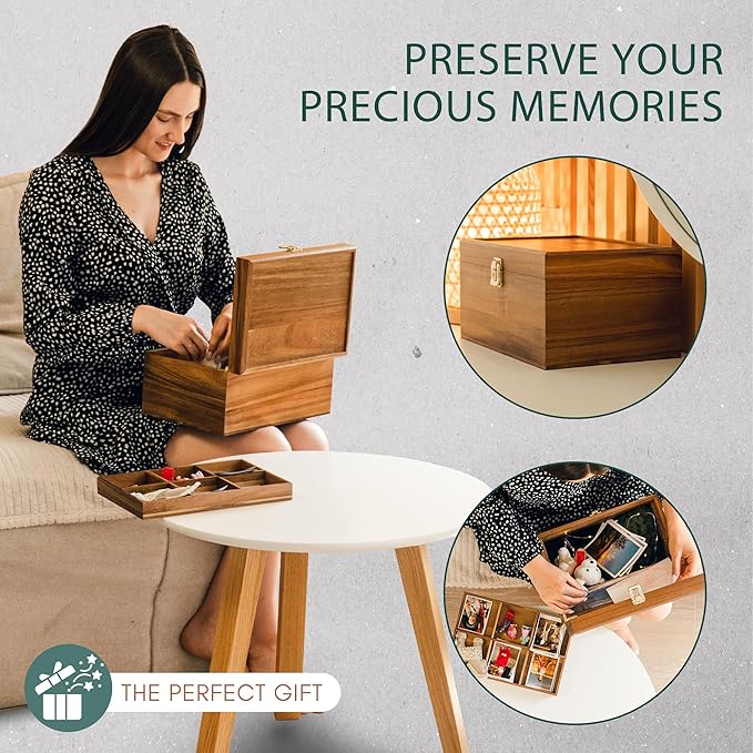 Public House Locking Wooden Keepsake Box, Customizable Design With Adjustable Tray. Large Wooden Box with Hinged Lid for Wedding and Memory Keepsakes