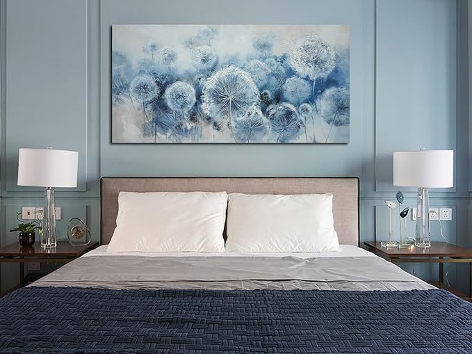 Arjun Flower Wall Art Indigo Blue Dandelion Floral Canvas Painting Watercolor White Textured Modern Artwork Framed for Living Room Bedroom Dinning Room Home Office Wall Decor, Extra Large Size 58"x29"