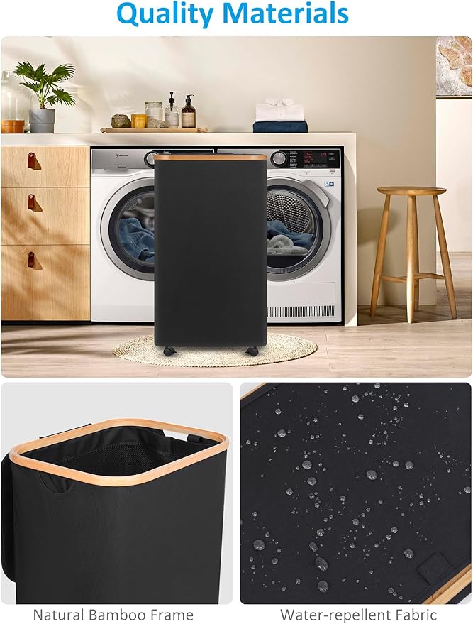 efluky Laundry Basket with Wheels, Tall Rolling Laundry Hamper with Lid and Removable Bag, Aesthetic Dirty Clothes Hamper on Wheels for Laundry Room, Bedroom, Dorm and Bathroom, 100L Black