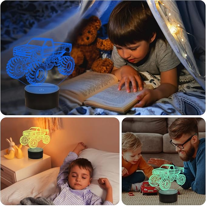 3D Night Lights for Children, Kids Night Lamp, Monster Trucks for Boys, 16 LED Colors Changing Lighting, Car Shape Acrylic Lighting Table Desk Bedroom Decoration, Ideas Birthday Xmas