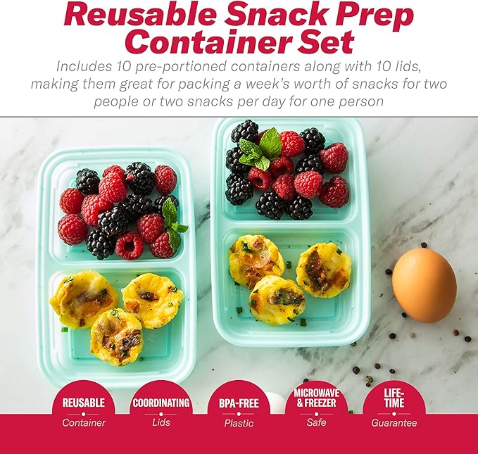 GoodCook 2-Compartment Food Storage Container Set with Snap-Shut Lids, Reusable Divided Snack Containers with Lids, Set of 10, Blue