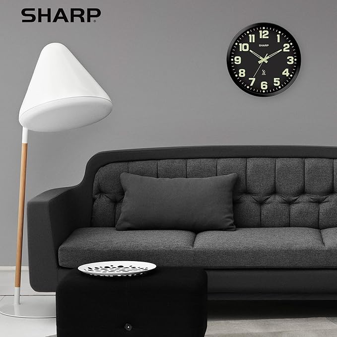 Sharp Glow in The Dark Atomic Analog Wall Clock - 12" Clock with Black Frame - Sets Automatically - Battery Operated - Easy to Read - Easy to Use – See Day or Night!