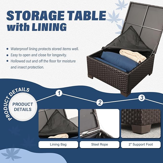 Wicker Patio Furniture Patio Couch 3 Pieces Patio Furniture Set Outdoor Sectional with Ottoman and Outdoor Storage Table with Lining Weathering Non-slip Cushions Waterproof Covers, Navy Blue