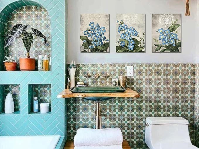 Arjun Blue Flower Wall Art Canvas Rustic Green Botanical Floral Bloosom Wildflower Vintage Grey for Bathroom Living Room Bedroom Dinning Room Kitchen Home Office Wall Decor, 12"x16"x3 Panels