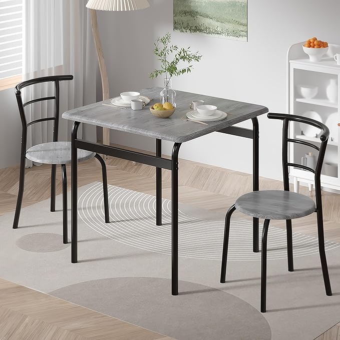 VECELO 3 Piece Dining Table & Chairs Set for 2, Metal and Wooden Square Kitchen Dinette Set for Small Space, Breakfast Nook, Saving Space, Grey