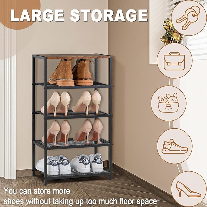 Shoe Rack, 5-Tier Narrow Shoe Shelf with Dense Metal Mesh, Durable Industrial Freestanding Shoe Rack for Front Door Entrance, Hallway, Entryway, Living Room (29.92" H Rustic)