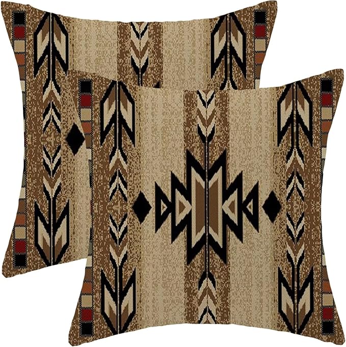 Boho Brown Carpet Throw Pillow Covers 18x18 Inch Set of 2, Rustic Tribal Decorative Throw Pillow Covers Antique Brown Linen Outdoor Cushion Cover for Sofa Couch Farmhouse Room Decor
