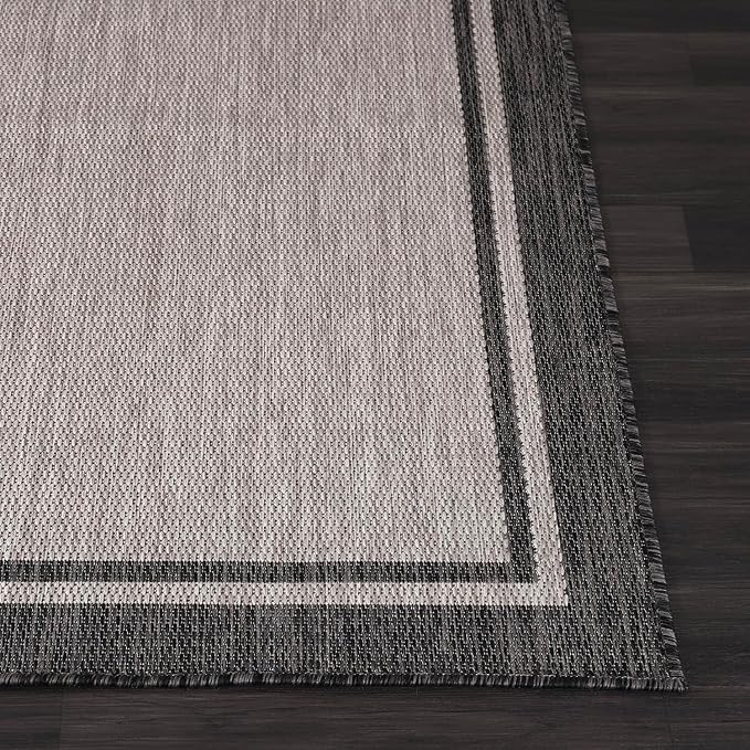 CAMILSON Indoor Outdoor Rug, 8x10 Bordered Gray Modern Area Rugs for Indoor and Outdoor Patios, Kitchen and Hallway Mats, Washable Porch Deck Outside Carpet (Bordered Grey, 8 x 10)