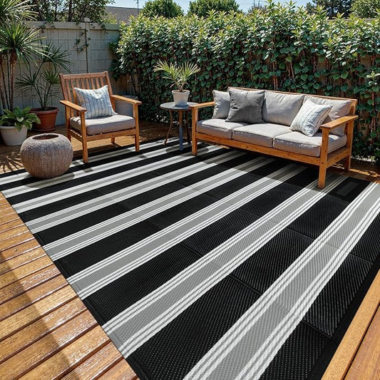 Lahome Striped Outdoor Rug Waterproof, 6x9 Reversible Outdoor Plastic Straw Rug for Camping, RV Patio Rugs Large Carpet for Porch Deck Backyard Balcony Picnic(Black/Grey,6'x 9')