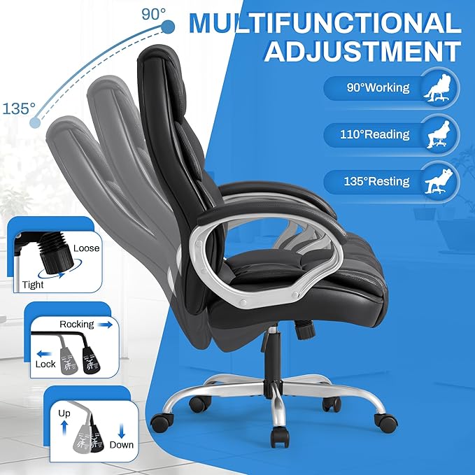 Furmax Leather High Back Office Chair Ergonomic Executive Office Chair Swivel Computer Desk Chair Lumbar Support Soft Cushioned Padded Arms (Black)