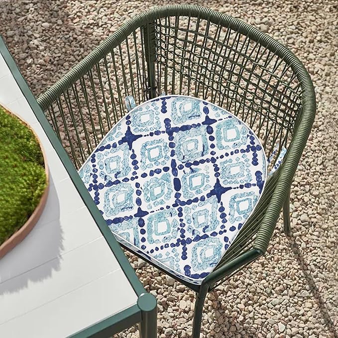 Set of 2 Outdoor Chair Cushions 19"x19"x2",Water Repellent Seat Dining Chair Cushion with Ties and Removable Covers, Chair Cushions for Indoor Kitchen and Patio Furniture,Boho Geometry Blue