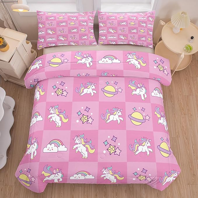 Tailor Shop Pink Full Bedding Sets for Girls Kids Chessboard Grid Unicorn Comforter Girls Comforter Set Unicorn Room Decor Ultra Soft Bed Set with 2 Pillowcase…