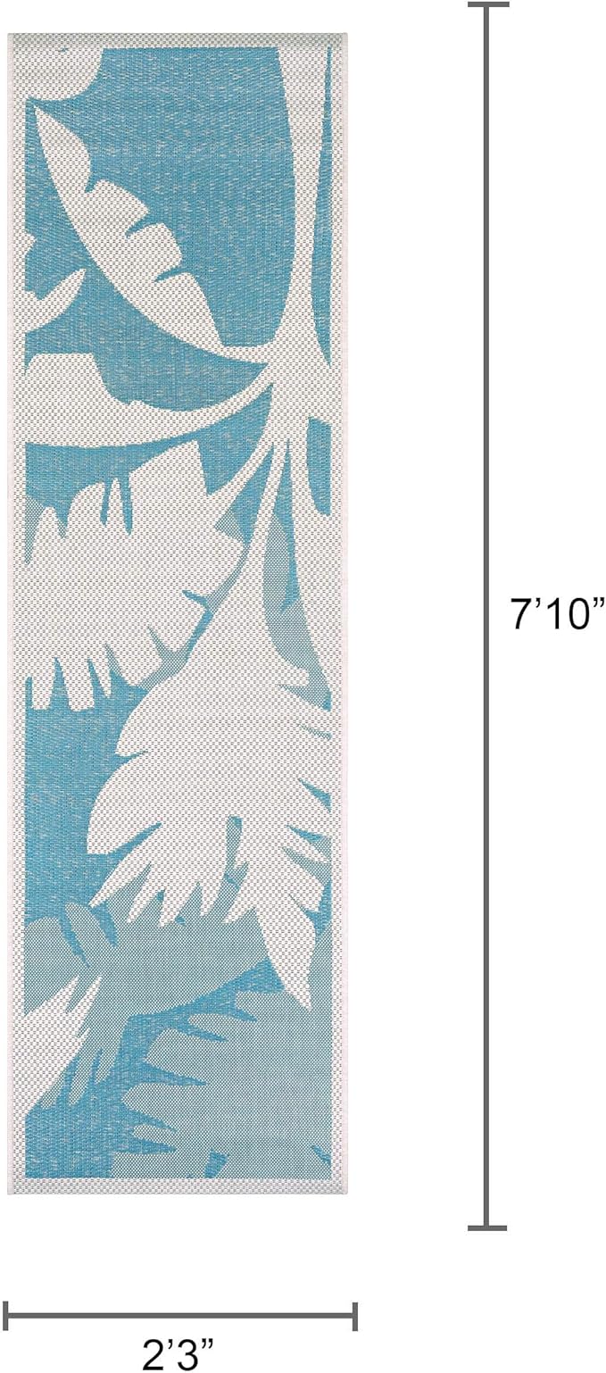 Couristan Monaco Indoor Outdoor Area Rug – Coastal Flora 2'3" x 7'10" Runner in Ivory Turquoise – Flatwoven, Hose Washable, Pet Friendly Rug for Patio, Porch and Home Decor