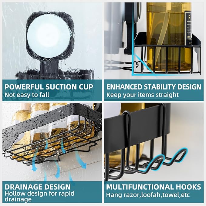 TAILI Shower Caddy Suction Cup 3 Pack, Stainless Steel Rustproof Shelves with Soap Holder Set, Drill-Free Wall Mounted Basket, Heavy Duty Removable Bathroom Organizers & Home Decor, Black