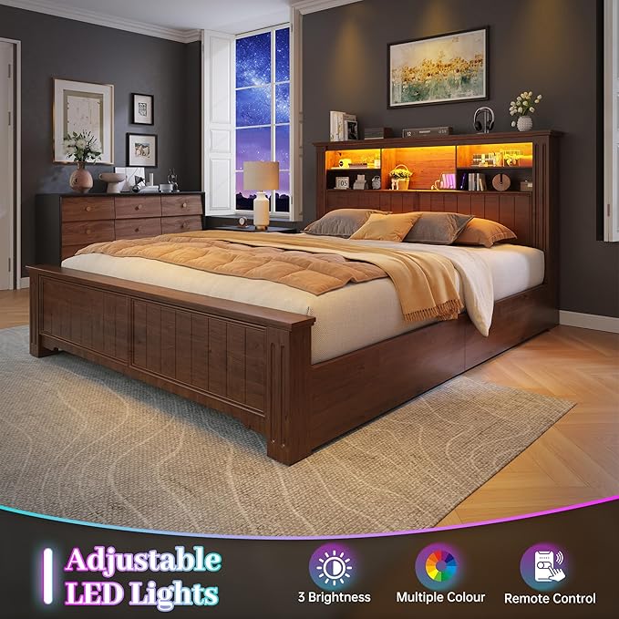 EnHomee Full Size Bed Frame with Headboard, Full Bed Frame with 4 Drawers Charging Port & LED, Farmhouse Bed Full Built in Charging Station,No Box Spring Needed,NO Noise,Vintage Brown