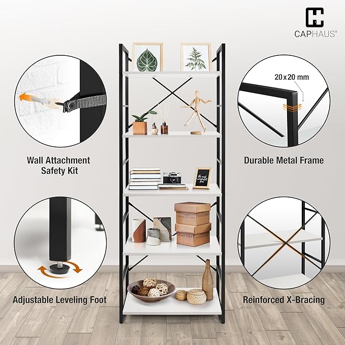 CAPHAUS 5 Tier Bookshelf, 24 Inch Width Free Standing Shelf, Bookcase Shelf Storage Organizer, Industrial Book Shelves for Home Office, Living Room, Kitchen, White Shelves & Metal Frame