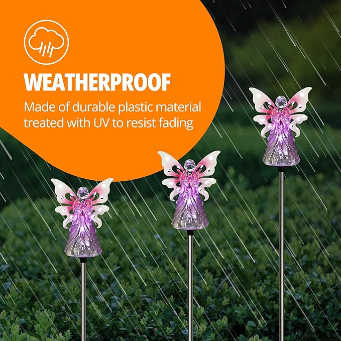 Exhart Garden Solar Lights, Decorative Angel Garden Stake, 12 LEDs, Cute Yard and Pathway Decor, Pink, 4 x 34 Inch