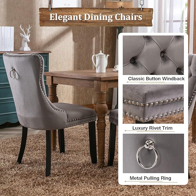 Goujxcy 78.7" Farmhouse Extendable Dining Room Table Set for 4, 5-Piece Rectangle Kitchen Dining Room Table Set with Wood Base and 4 Grey Velvet Dining Chairs, Extending Kitchen & Dining Table Set