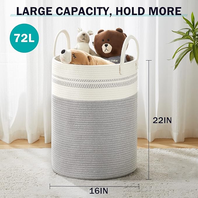 Woven Rope Laundry Hamper Basket, 72L Tall Luandry Basket, Baby Nursery Hamper for Blanket Storage, Clothes Hamper for Laundry in Bedroom-Large-Grey