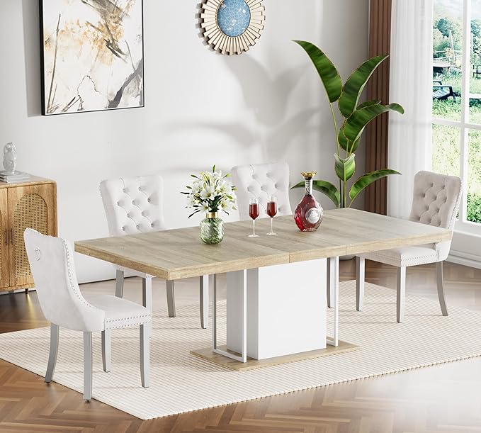 Goujxcy 78.7" Farmhouse Extendable Dining Room Table Set for 4, 5-Piece Rectangle Kitchen Dining Room Table Set with Wood Base and 4 Beige Velvet Dining Chairs, Extending Kitchen & Dining Table Set