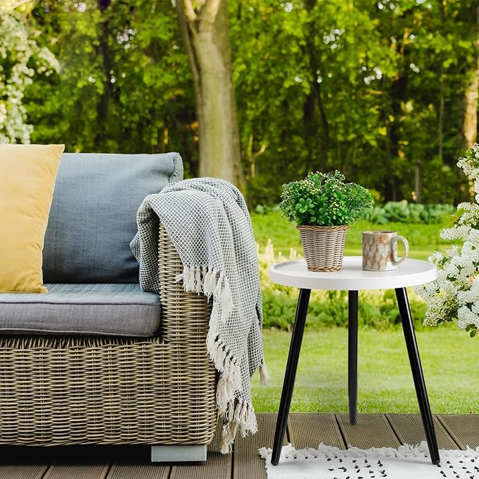 danpinera Round Side Table, Metal Legged Accent Table with Wooden Tray, Small Round End Table for Living Room, Bedroom, Nursery, White & Black