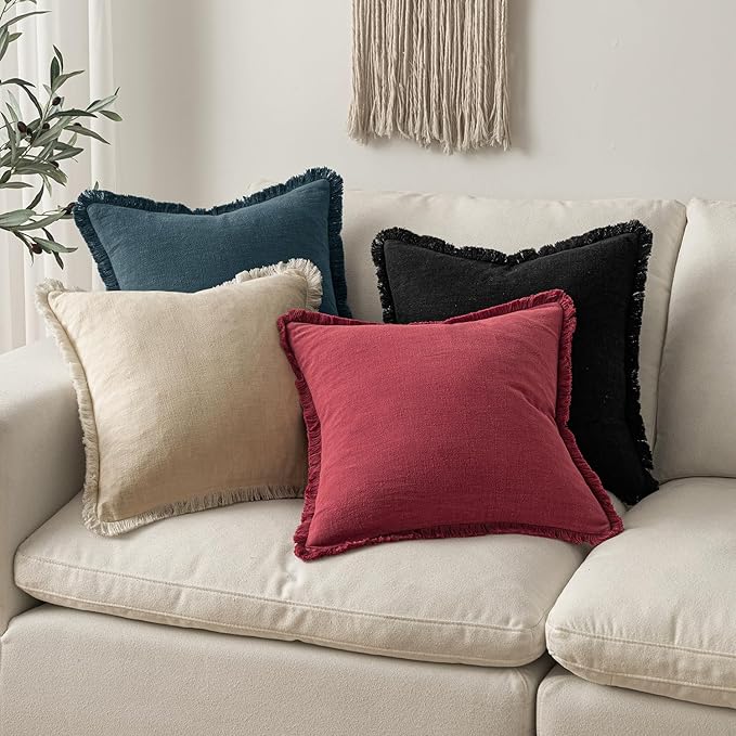 MIULEE Decorative Throw Pillow Covers Neutral Linen Fringe Throw Pillows Set of 2 Burgundy Boho Farmhouse Cushion Covers with Tassels for Couch Sofa Bed Living Room Spring Home Decor 20x20 Inch