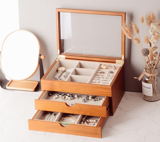 Jewelry Box with Glass Lid, 3 Layer Jewelry Organizer for Women, Solid Wooden Jewelry Box Display for Ring Earrings Necklace Bracelet, Pine Wood Jewelry Boxes Vintage Style for Gifts