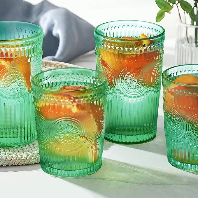 12pcs Vintage Drinking Glasses Set, 12 oz Highball Glasses & 9 oz Embossed Ribbed Glassware Cups for Cocktail, Water, Juice, Coffee, Whiskey (Atroviens)