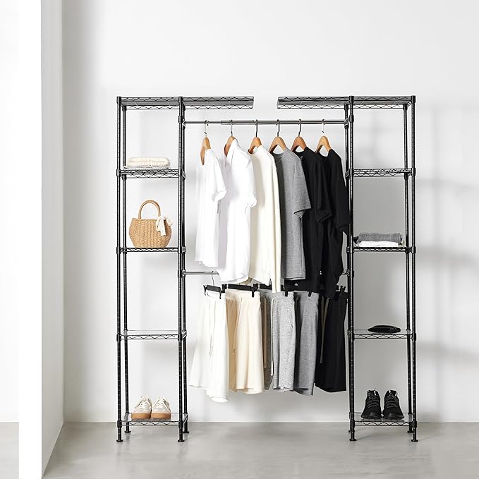 Amazon Basics Adjustable Expandable Metal Hanging Closet Storage Organizer Rack with Shelves, 57-80''L x 14''W x 72''H, Black