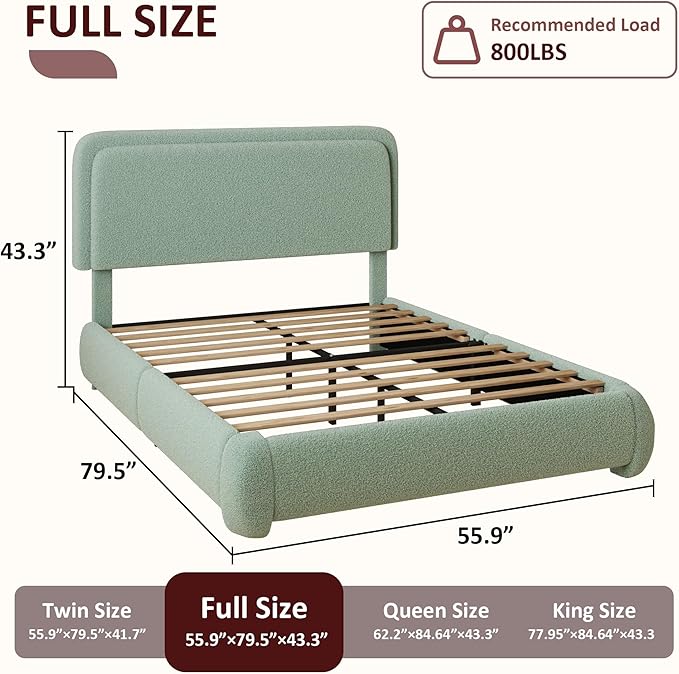 Full Boucle Platform Bed Frame with Height Adjustable Headboard, Modern Upholstered Cloud Bed, Sleek Curved Design, No Box Spring Needed, Easy Assembly, Noise Free,Green