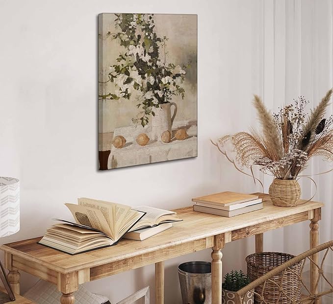 Farmhouse Kitchen Canvas Wall Art Vintage Country Neutral Rustic Muted Flower and Lemon Still Life Painting Picture Wall Decor Poster Print Artwork for Farm Dining Room Home Decoration