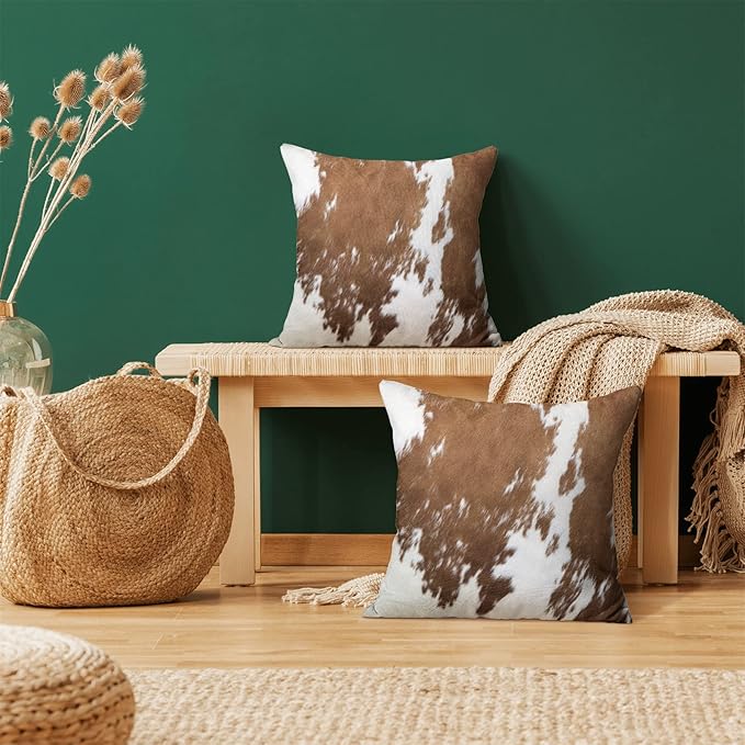 BETGINY Cow Print Pillow Covers 18X18 Inch Pack of 2, Western Brown Cowhide Throw Pillow Covers Square Cushion Farmhouse Animal Cow Print Pillow Cases for Bedroom Living Room Home Sofa Patio Outdoor