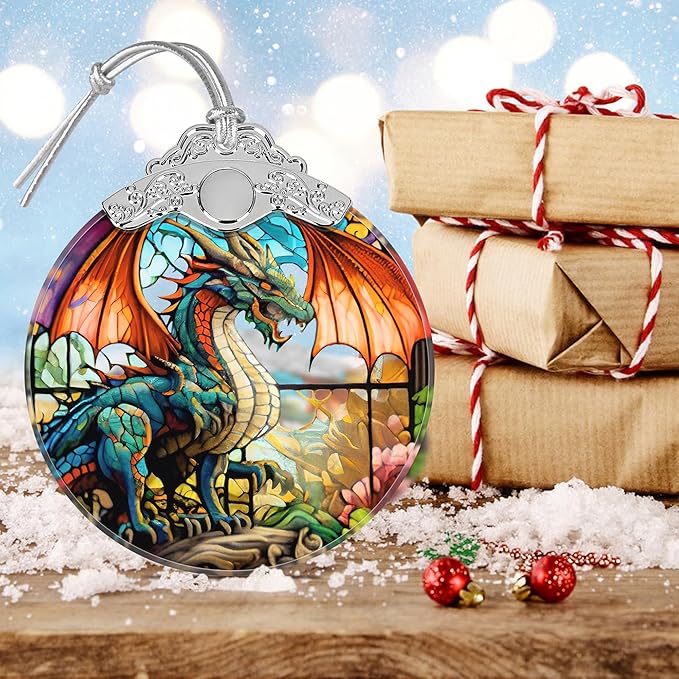 Dragon Christmas Ornament, Stained Glass Hanging Ornament, Christmas Tree Decoration, Holiday Ornament - Dragon with Wingspan