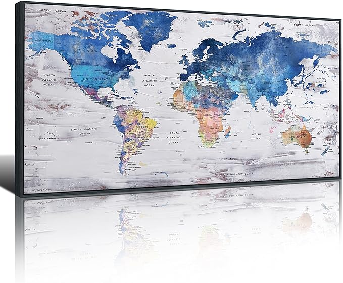 Pogusmavi-World Map Wall Art-Modern Art Wall Decor-Framed Artwork For Walls-Canvas Paintings For Office-Large Pictures For Living Room 30x60 Black Framed