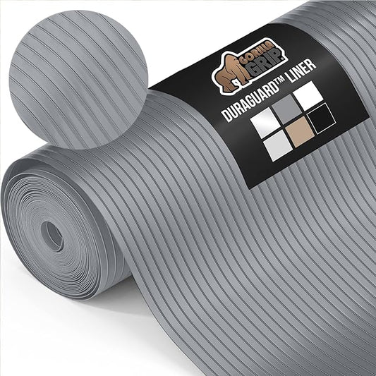 GORILLA GRIP DuraGuard Shelf Liner, Non-Adhesive Cabinet Liners for Kitchen Drawers, Shelves, Refrigerator, Pantry Storage, Bathroom Closet, Durable Waterproof BPA Free Ribbed Plastic, 12x10 Gray