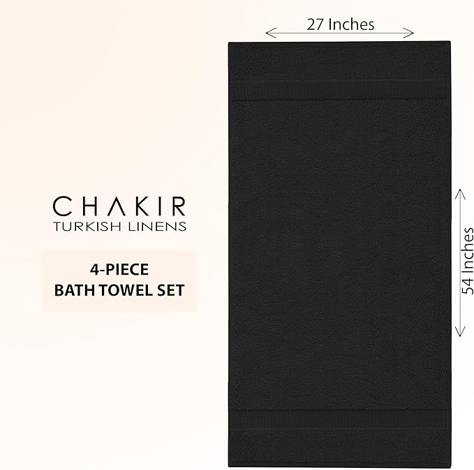 Chakir Turkish Linens 100% Cotton Premium Turkish Towels for Bathroom | 27'' x 54'' (4-Piece Bath Towels - Black)
