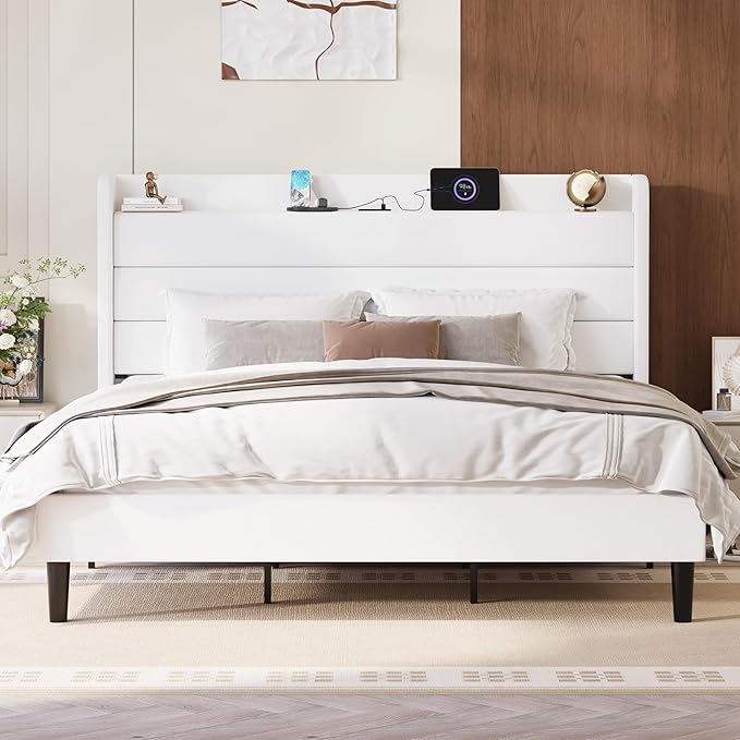 SHA CERLIN King Size Bed Frame with Charging Station, Velvet Upholstered Platform Bed, Wingback Storage Headboard, Type-C & USB Ports, Strong Wooden Slats, No Box Spring Needed, Easy Assembly, White