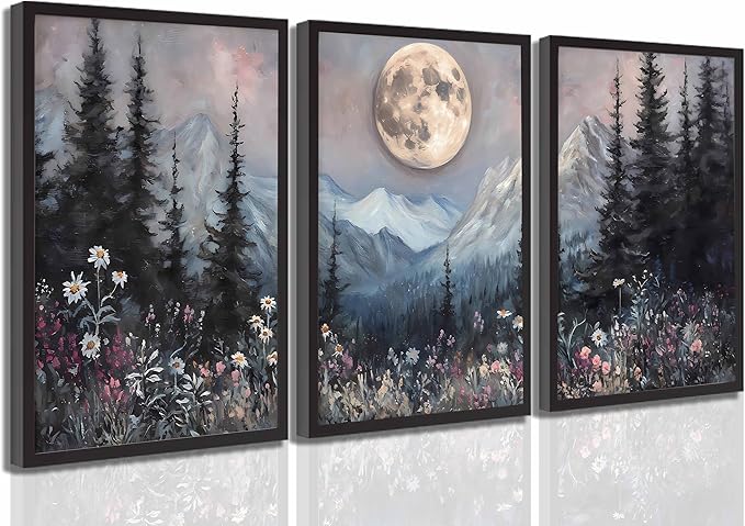 3Pcs Full Moon Forest Canvas Wall Art Moody Dark Forest Moonlit Pine Tree Mountains Wildflowers Wall Decor Wildflower Moon Poster Print Artwork for Bedroom Living Room Decoration Unframed
