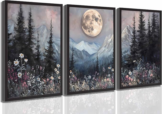 3Pcs Full Moon Forest Canvas Wall Art Moody Dark Forest Moonlit Pine Tree Mountains Wildflowers Wall Decor Wildflower Moon Poster Print Artwork for Bedroom Living Room Decoration Unframed