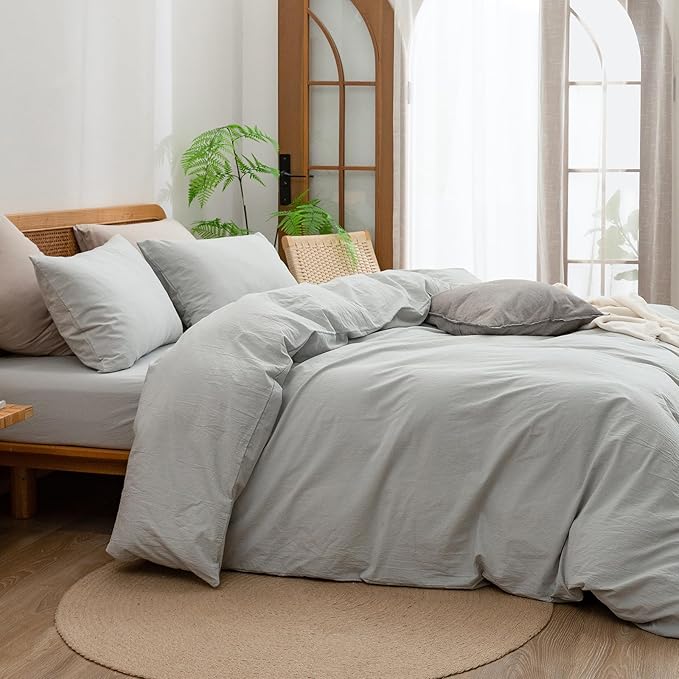 BESTOUCH Duvet Cover Set 100% Washed Cotton Linen Feel Super Soft Comfortable Chic Lightweight 3 PCs Home Bedding Set Solid Northern Droplet Grey Super King Plus