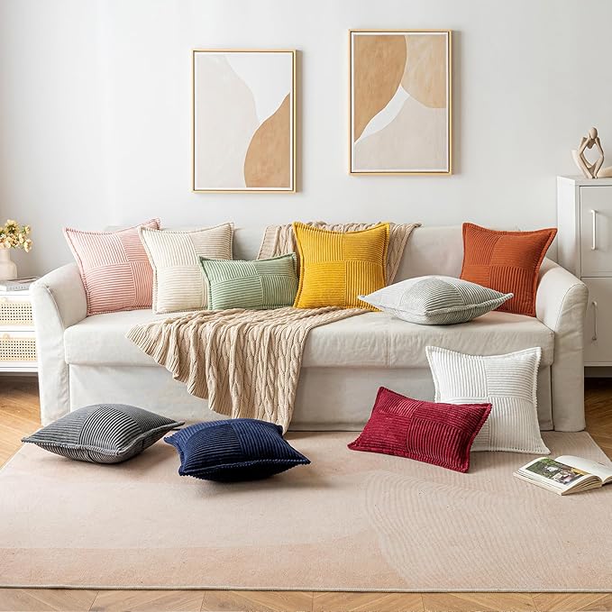 MIULEE Rust Fall Decorative Throw Pillow Covers for Couch Bed Livingroom 18x18 Inch Set of 2 Boho Accent Throw Pllows Broadside Striped Patchwork Soft Corduroy Pillowcases