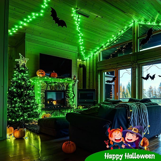 JMEXSUSS Green Halloween Lights Outdoor, 132ft 400 LED Halloween String Lights Plug in with Remote, Indoor Green Light for Porch Tree House Yard Christmas Decorations