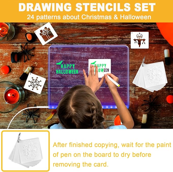 LED Acrylic Message Board, Light Up Acrylic Dry Erase Board with 7-Color Light, LED Note Board with Colors for Kids, Glow Memo Message Writing Board with Light, Drawing Stencils Set Included