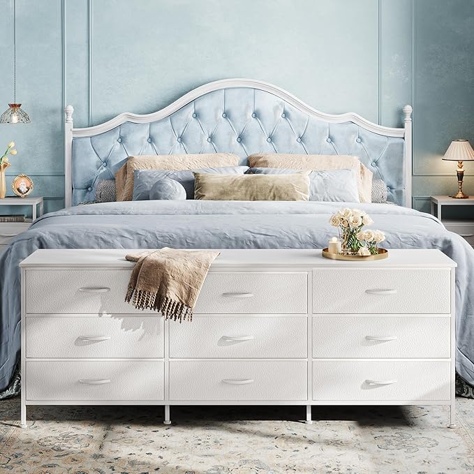 Huuger 63 Inch Dresser for Bedroom, Dresser for Closet with 9 Drawers, Large TV Stand for 55, 65, 70 Inch TV, Entertainment Center with Storage, Wide Long Chest of Drawers, White