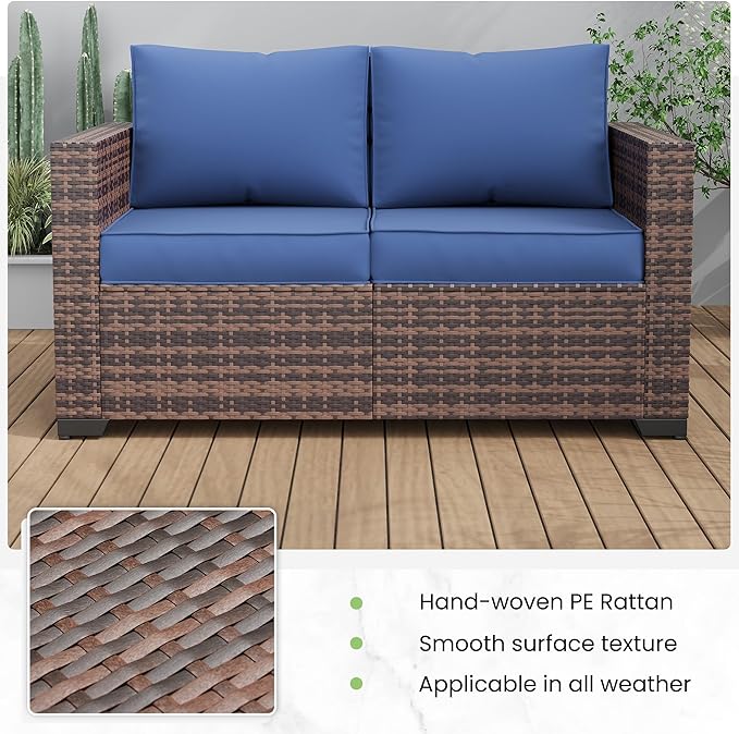 Amopatio Patio Loveseat, Outdoor Furniture 2-Seat Wicker Porch Furniture Outdoor Couch Sofa with Water-Resistant Cover & Non-Slip Cushions, Premium Patio Set, Blue