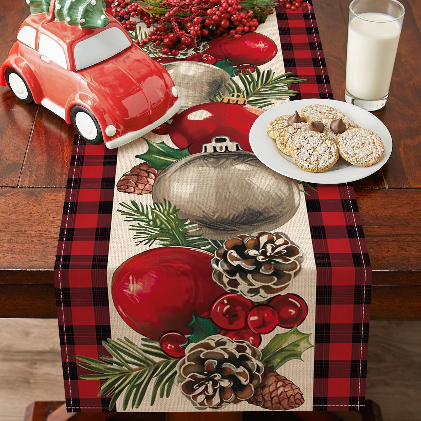 Croar Christmas Balls Dining Table Runner, Xmas Pine Cones Needle Branches Holly Berries Burlap Kitchen Decoration, Winter Holiday Plaid Farmhouse Indoor Outdoor Home Decor Party Supply 13 x 72 Inches